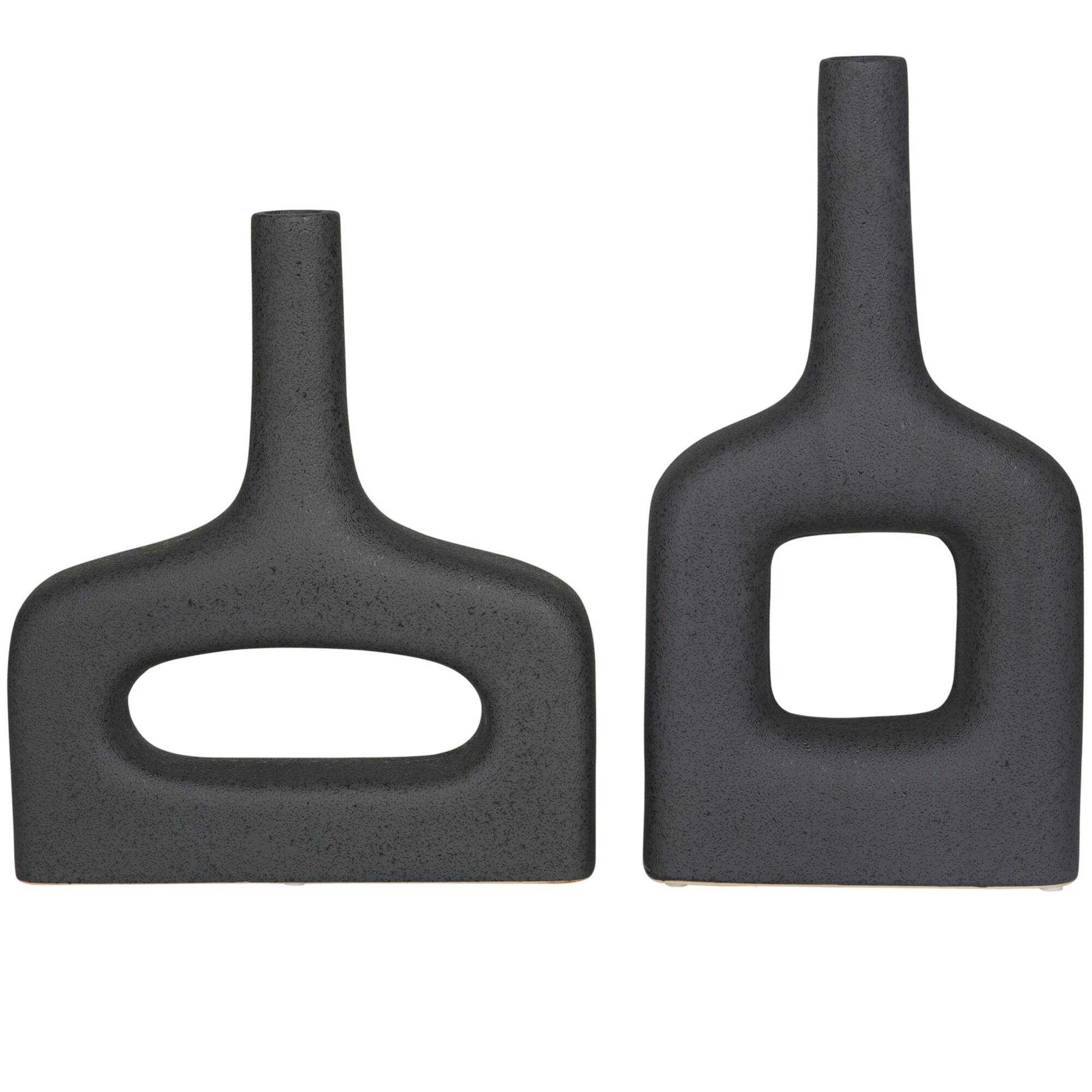 CosmoLiving by Cosmopolitan Black Ceramic Donut Shaped Vase Set of 2 16", 13"